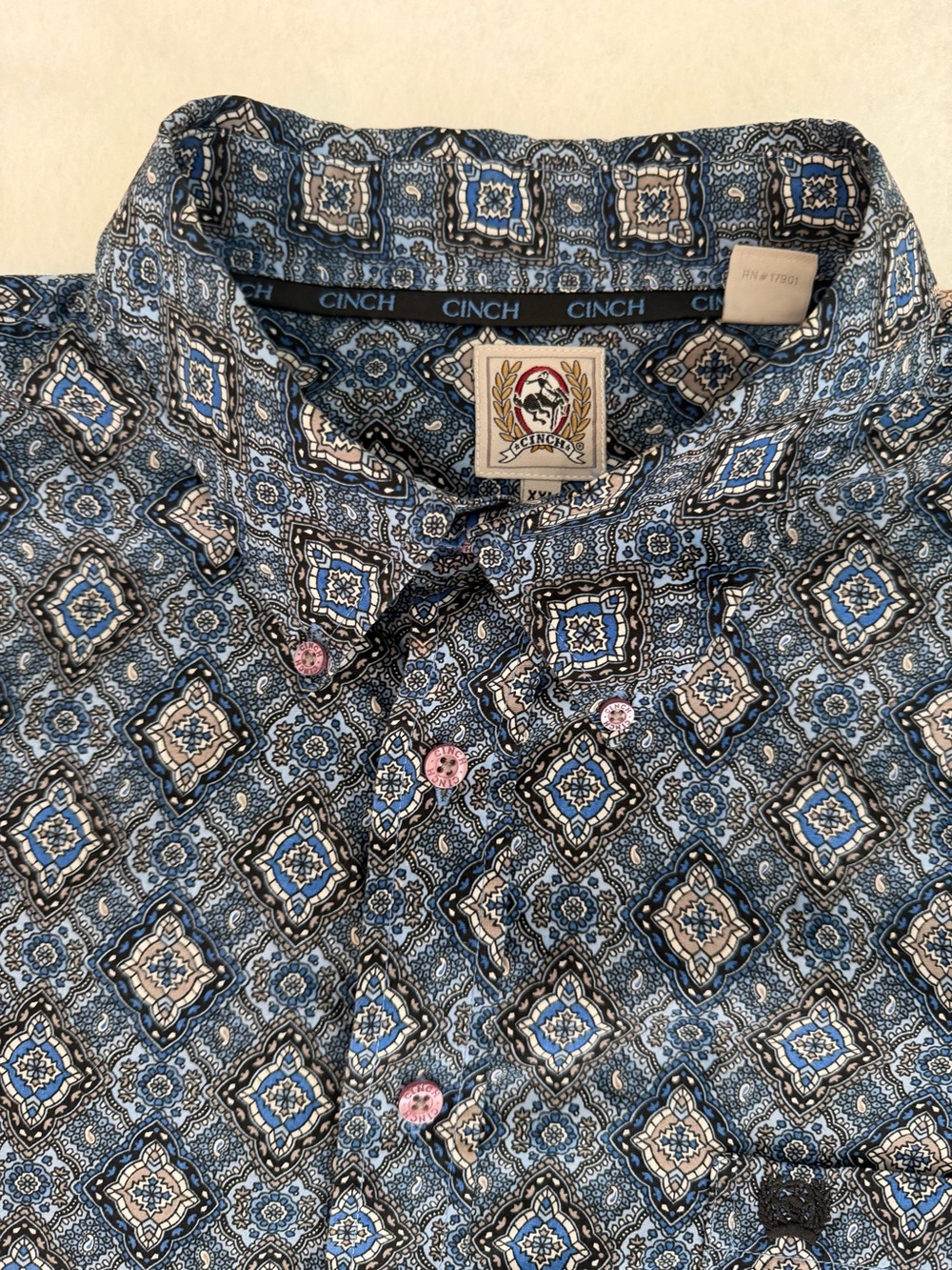 Cinch Men’s Western Button Down Shirt Blue Black Paisley Geometric Long Sleeve